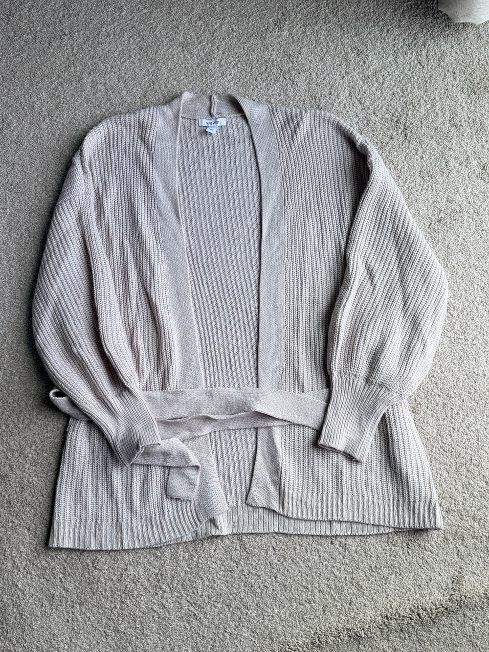 Nine West Light Beige Ribbed Open-Front Cardigan with Belt